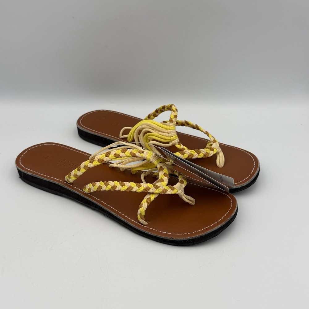 PLAKA Braided Thong Sandals Yellow Tan Lace Up Ankle Beach Size 10 FLAW